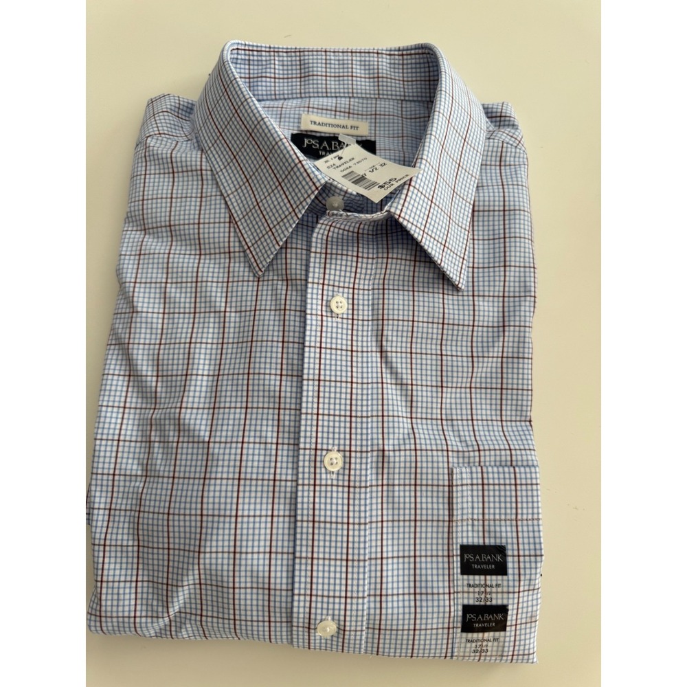 Jos A Bank Traveler Mens Dress Shirt Trad Fit Blue Orange Check 17.5 32 NWT $55